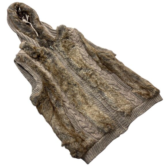 Green Tea Sweater Vest Womens 2XL Taupe Faux Fur Trim Lined Hooded Hand Pockets - Picture 2 of 9